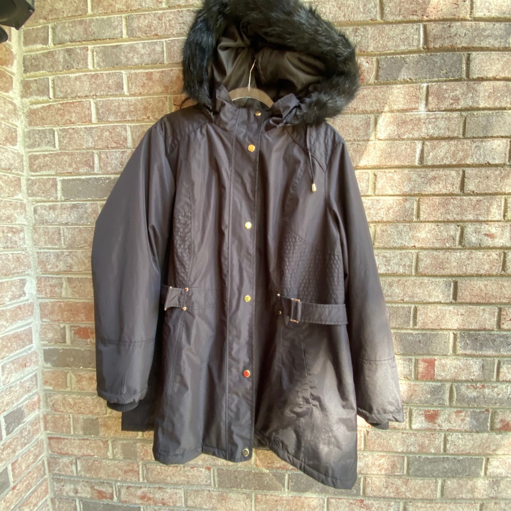 Susan Graver Black Faux Fur Hooded Parka Jacket 1X Belted Quilted Coat